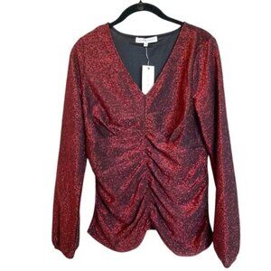 Madison + Hudson Top Womens Small Red Sparkle Glitter Ruched Holiday Blouse New